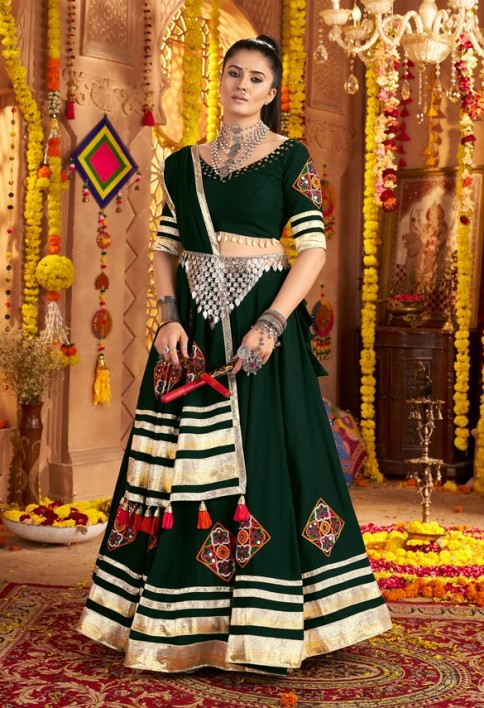 Intricate Green Viscose Rayon Navratri Wear Lehenga Choli With Dupatta